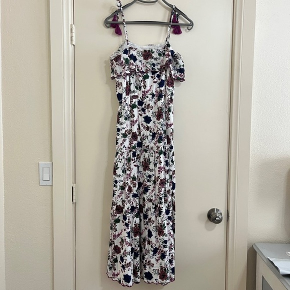 Raga Anthropologie Floral Tiered‎ Maxi Dress XS Embroidered Tassel Strap Cottage